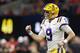 ATLANTA, GEORGIA - DECEMBER 07: Joe Burrow #9 of the LSU Tigers celebrates after throwing a touchdown pass to Terrace Marshall Jr. #6 (not pictured) in the third quarter against the Georgia Bulldogs during the SEC Championship game at Mercedes-Benz Stadium on December 07, 2019 in Atlanta, Georgia. (Photo by Kevin C. Cox/Getty Images)