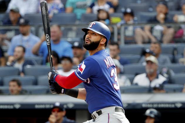 NEW YORK, NY - SEPTEMBER 2:  Nomar Mazara #30 of the Texas Rangers hits in an MLB baseball game against the New York Yankees on September 2, 2019 at Yankee Stadium in the Bronx borough of New York City. Texas won 7-0. (Photo by Paul Bereswill/Getty Images)