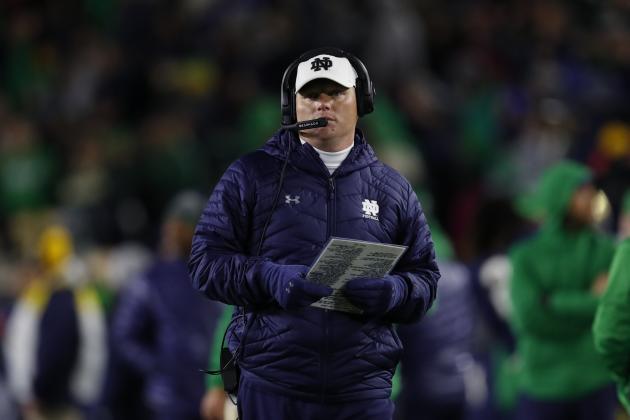Chip Long, Notre Dame offensive coordinator, watches in the second half of an NCAA college football game against Southern California in South Bend, Ind., Saturday, Oct. 12, 2019. (AP Photo/Paul Sancya)