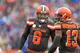 CLEVELAND, OHIO - NOVEMBER 10: Quarterback Baker Mayfield #6 talks to wide receiver Odell Beckham #13 of the Cleveland Browns during the first half at FirstEnergy Stadium on November 10, 2019 in Cleveland, Ohio. (Photo by Jason Miller/Getty Images)