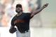 San Francisco Giants pitcher Madison Bumgarner throws against the Miami Marlins during the first inning of a baseball game Saturday, Sept. 14, 2019, in San Francisco. (AP Photo/Tony Avelar)