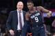 New York Knicks interim head coach Mike Miller gives forward RJ Barrett (9) instructions as he enters the game in the first half of an NBA basketball game against the Indiana Pacers, Saturday, Dec. 7, 2019, at Madison Square Garden in New York. (AP Photo/Mary Altaffer)
