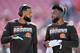 CLEVELAND, OHIO - SEPTEMBER 08: Wide receivers wide receiver Odell Beckham #13 and Jarvis Landry #80 of the Cleveland Browns talk during warmups prior to the game against the Tennessee Titans at FirstEnergy Stadium on September 08, 2019 in Cleveland, Ohio. (Photo by Jason Miller/Getty Images)