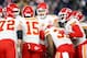 FOXBOROUGH, MASSACHUSETTS - DECEMBER 08: Patrick Mahomes #15 of the Kansas City Chiefs talks to Travis Kelce #87 and teammates in the huddle during the game against the New England Patriots at Gillette Stadium on December 08, 2019 in Foxborough, Massachusetts. (Photo by Maddie Meyer/Getty Images)