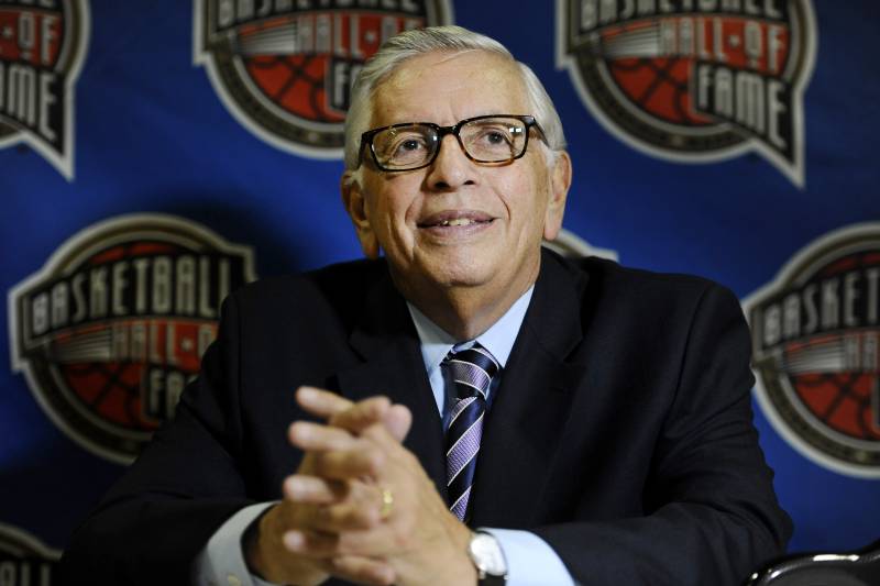 David Stern, a member of the 2014 class of inductees into the Basketball Hall of Fame, listens to question from the media during a news conference at the Naismith Memorial Basketball Hall of Fame, Thursday, Aug. 7, 2014, in Springfield, Mass. (AP Photo/Jessica Hill)
