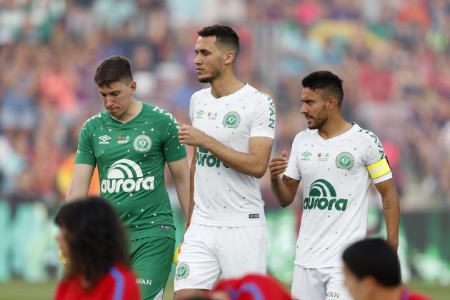 (L-R) goalkeeper Jackson Follmann of Associacao Chapecoense de Futebol, Neto of Associacao Chapecoense de Futebol, Alan Ruschel of Associacao Chapecoense de Futebol the three survivors of airplane crash during the Trofeu Joan Gamper match between FC Barcelona and Chapecoense on August 7, 2017 at the Camp Nou stadium in Barcelona, Spain.(Photo by VI Images via Getty Images)