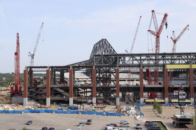 A view of construction in progress at the new home of the Texas Rangers, Globe Life Field, is shown before a baseball game against the Cleveland Indians in Arlington, Texas, Wednesday, June 19, 2019. The new venue, which is scheduled to be completed before the start of the 2020 season, sits across the street from the current park, Globe Life Park. (AP Photo/Tony Gutierrez)