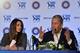Bollywood actress and owner of Kings XI Punjab Team, Preity Zinta (L) looks on as Chairman & CEO, Rajasthan Royals, Ranjit Barthakur addresses a press conference during the 2nd day of IPL 2018 Player Auction in Bangalore on January 28, 2018. / AFP PHOTO / MANJUNATH KIRAN (Photo credit should read MANJUNATH KIRAN/AFP via Getty Images)
