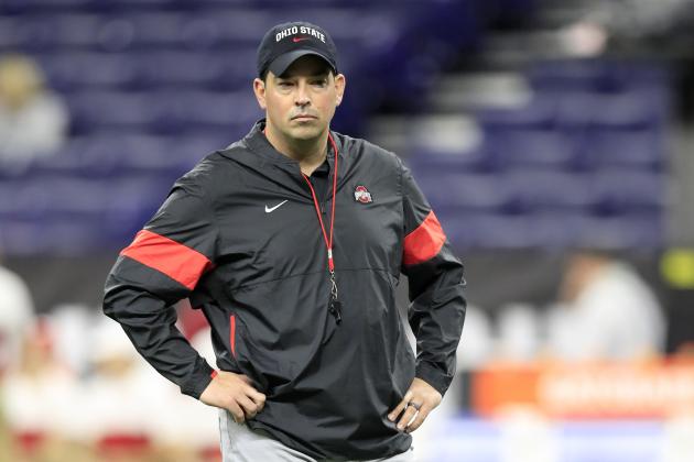 INDIANAPOLIS, INDIANA - DECEMBER 07: Ryan Day the head coach of the Ohio State Buckeyes watches his team practice before the start of the BIG Ten Football Championship game against the Wisconsin Badgers at Lucas Oil Stadium on December 07, 2019 in Indianapolis, Indiana. (Photo by Andy Lyons/Getty Images)
