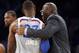 Former NBA player Magic Johnson reacts as he talks with Eastern Conference LeBron James of the Cleveland Cavaliers (23) during the first half of the NBA All-Star basketball game in New Orleans, Sunday, Feb. 19, 2017. (AP Photo/Gerald Herbert)