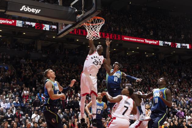 TORONTO, CANADA - DECEMBER 22: Chris Boucher #25 of the Toronto Raptors dunks the ball against the Dallas Mavericks on December 22, 2019 at the Scotiabank Arena in Toronto, Ontario, Canada.  NOTE TO USER: User expressly acknowledges and agrees that, by downloading and or using this Photograph, user is consenting to the terms and conditions of the Getty Images License Agreement.  Mandatory Copyright Notice: Copyright 2019 NBAE (Photo by Mark Blinch/NBAE via Getty Images)