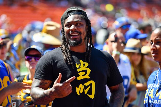 HONOLULU, HAWAII - AUGUST 17: Retired NFL footballer Marshawn Lynch is all smiles before the preseason game between the Dallas Cowboys and the Los Angeles Rams at Aloha Stadium on August 17, 2019 in Honolulu, Hawaii. (Photo by Alika Jenner/Getty Images)