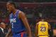 LOS ANGELES, CA - OCTOBER 22: Kawhi Leonard #2 of the LA Clippers and LeBron James #23 of the Los Angeles Lakers walks on the court on October 22, 2019 at STAPLES Center in Los Angeles, California. NOTE TO USER: User expressly acknowledges and agrees that, by downloading and/or using this Photograph, user is consenting to the terms and conditions of the Getty Images License Agreement. Mandatory Copyright Notice: Copyright 2019 NBAE (Photo by Andrew D. Bernstein/NBAE via Getty Images)
