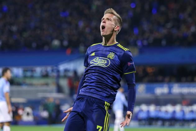 ZAGREB, CROATIA - DECEMBER 11: Dani Olmo of Dinamo Zagreb celebrates a goal during the UEFA Champions League group C match between Dinamo Zagreb and Manchester City at Maksimir Stadium on December 11, 2019 in Zagreb, Croatia. (Photo by Luka Stanzl/Pixsell/MB Media/Getty Images)