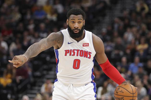Detroit Pistons center Andre Drummond (0) directing his team against the Utah Jazz during the first half of an NBA basketball game, Monday, Dec. 30, 2019, in Salt Lake City. The Utah Jazz won 104-81. (AP Photo/Chris Nicoll)