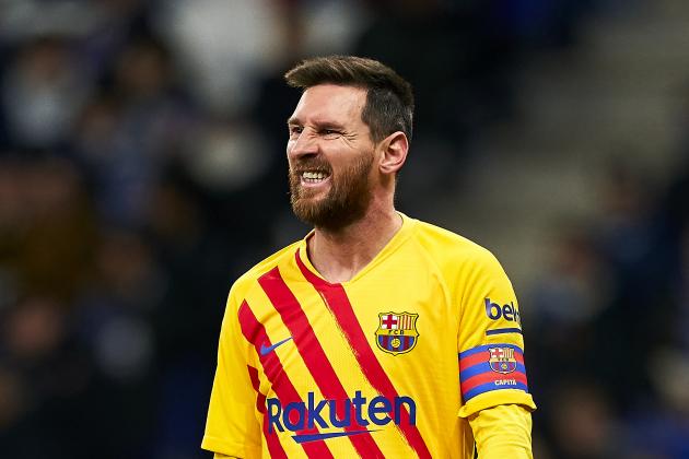 BARCELONA, SPAIN - JANUARY 04: Lionel Messi of FC Barcelona reacts during the Liga match between RCD Espanyol and FC Barcelona at RCDE Stadium on January 04, 2020 in Barcelona, Spain. (Photo by Quality Sport Images/Getty Images)