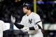 NEW YORK, NEW YORK - OCTOBER 18: Aaron Judge #99 of the New York Yankees celebrates after hitting a single against Justin Verlander #35 of the Houston Astros during the first inning in game five of the American League Championship Series at Yankee Stadium on October 18, 2019 in New York City. (Photo by Elsa/Getty Images)