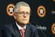 HOUSTON, TX - JUNE 18: Jeff Luhnow addresses the media after being named President of Baseball Operations and General Manager of the Houston Astros and received a contract extension that carries through the 2023 season during a press conference at Minute Maid Park on June 18, 2018 in Houston, Texas. (Photo by Bob Levey/Getty Images)