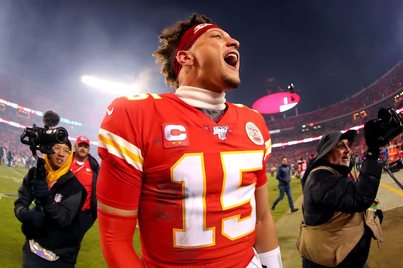 KANSAS CITY, MISSOURI - JANUARY 12: Patrick Mahomes #15 of the Kansas City Chiefs celebrates his teams win against the Houston Texans in the AFC Divisional playoff game at Arrowhead Stadium on January 12, 2020 in Kansas City, Missouri. (Photo by Tom Pennington/Getty Images)