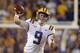 LSU quarterback Joe Burrow (9) throws a pass during the first half of an NCAA college football game against Texas A&M in Baton Rouge, La., Saturday, Nov. 30, 2019. (AP Photo/Gerald Herbert)