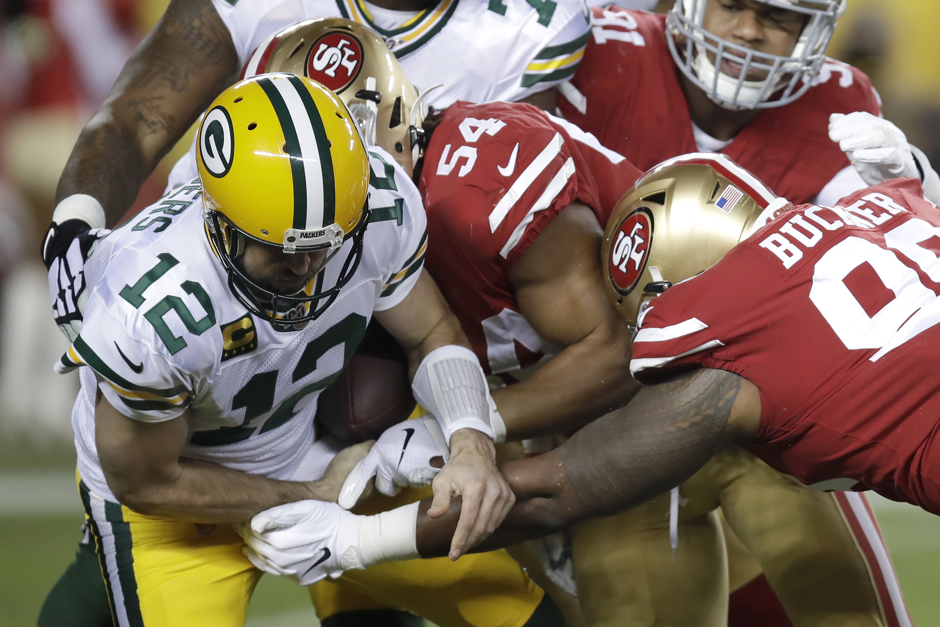 Aaron Rodgers gets sacked during the Packers 37-20 loss to the 49ers in the 2019 NFC Championship Game.