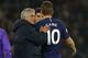 Tottenham Hotspur's Portuguese head coach Jose Mourinho (L) consoles Tottenham Hotspur's English striker Harry Kane (R) as he leaves the pitch having picked up an injury during the English Premier League football match between Southampton and Tottenham at St Mary's Stadium in Southampton, southern England on January 1, 2020. (Photo by Adrian DENNIS / AFP) / RESTRICTED TO EDITORIAL USE. No use with unauthorized audio, video, data, fixture lists, club/league logos or 'live' services. Online in-match use limited to 120 images. An additional 40 images may be used in extra time. No video emulation. Social media in-match use limited to 120 images. An additional 40 images may be used in extra time. No use in betting publications, games or single club/league/player publications. / (Photo by ADRIAN DENNIS/AFP via Getty Images)