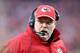 KANSAS CITY, MISSOURI - JANUARY 12: Head coach Andy Reid of the Kansas City Chiefs reacts against the Houston Texans during the second quarter in the AFC Divisional playoff game at Arrowhead Stadium on January 12, 2020 in Kansas City, Missouri. (Photo by Jamie Squire/Getty Images)