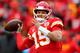 KANSAS CITY, MISSOURI - JANUARY 12: Patrick Mahomes #15 of the Kansas City Chiefs warms up prior to the AFC Divisional playoff game against the Houston Texans at Arrowhead Stadium on January 12, 2020 in Kansas City, Missouri. (Photo by Tom Pennington/Getty Images)
