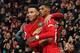 Manchester United's English striker Marcus Rashford (R) celebrates with Manchester United's English striker Mason Greenwood (L) after scoring their third goal during the English Premier League football match between Manchester United and Newcastle United at Old Trafford in Manchester, north west England, on December 26, 2019. (Photo by Paul ELLIS / AFP) / RESTRICTED TO EDITORIAL USE. No use with unauthorized audio, video, data, fixture lists, club/league logos or 'live' services. Online in-match use limited to 120 images. An additional 40 images may be used in extra time. No video emulation. Social media in-match use limited to 120 images. An additional 40 images may be used in extra time. No use in betting publications, games or single club/league/player publications. / (Photo by PAUL ELLIS/AFP via Getty Images)
