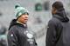 New York Jets offensive coordinator Hines Ward, left, speaks with Cincinnati Bengals wide receiver A.J. Green, right, during practice before an NFL football game, Sunday, Dec. 1, 2019, in Cincinnati. (AP Photo/Frank Victores)