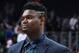 DETROIT, MI - JANUARY 13: Zion Williamson #1 of the New Orleans Pelicans looks on during the game against the Detroit Pistons on January 13, 2020 at Little Caesars Arena in Detroit, Michigan. NOTE TO USER: User expressly acknowledges and agrees that, by downloading and/or using this photograph, User is consenting to the terms and conditions of the Getty Images License Agreement. Mandatory Copyright Notice: Copyright 2020 NBAE (Photo by Chris Schwegler/NBAE via Getty Images)