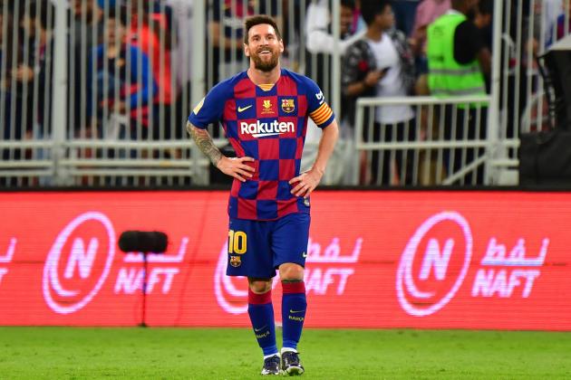 Barcelona's Argentine forward Lionel Messi reacts during the Spanish Super Cup semi final between Barcelona and Atletico Madrid on January 9, 2020, at the King Abdullah Sport City in the Saudi Arabian port city of Jeddah. - The winner will face Real Madrid in the final on January 12. (Photo by Giuseppe CACACE / AFP) (Photo by GIUSEPPE CACACE/AFP via Getty Images)
