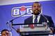 FILE - In this Jan. 11, 2017, file photo, former NBA player and players union deputy Roger Mason, left, listens as entertainer Ice Cube, right, announces the launch of the BIG3, a new 3-on-3 professional basketball league, in New York. For his league of former NBA players that debuts Sunday, the actor-entertainer insisted the competition be serious, a proper representation of a form of basketball that's so popular that it's ticketed for the next Olympics. (AP Photo/Bebeto Matthews, File)