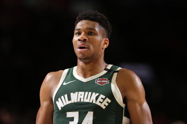 PORTLAND, OR - JANUARY 11: Giannis Antetokounmpo #34 of the Milwaukee Bucks looks on during the game against the Portland Trail Blazers on January 11, 2020 at the Moda Center Arena in Portland, Oregon. NOTE TO USER: User expressly acknowledges and agrees that, by downloading and or using this photograph, user is consenting to the terms and conditions of the Getty Images License Agreement. Mandatory Copyright Notice: Copyright 2020 NBAE (Photo by Sam Forencich/NBAE via Getty Images)