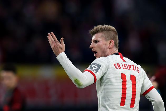 Leipzig's German forward Timo Werner reacts during the German first division Bundesliga football match RB Leipzig v  FC Augsburg in Leipzig, eastern Germany, on December 21, 2019. (Photo by Ronny Hartmann / AFP) / DFL REGULATIONS PROHIBIT ANY USE OF PHOTOGRAPHS AS IMAGE SEQUENCES AND/OR QUASI-VIDEO (Photo by RONNY HARTMANN/AFP via Getty Images)