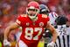 KANSAS CITY, MO - JANUARY 12: Travis Kelce #87 of the Kansas City Chiefs celebrates his pass catch and run during the second quarter of the AFC Divisional playoff game against the Houston Texans at Arrowhead Stadium on January 12, 2020 in Kansas City, Missouri. (Photo by David Eulitt/Getty Images)