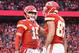 KANSAS CITY, MISSOURI - JANUARY 12: Patrick Mahomes #15 of the Kansas City Chiefs is congratulated by his teammate Travis Kelce #87 after a third quarter touchdown against the Houston Texans in the AFC Divisional playoff game at Arrowhead Stadium on January 12, 2020 in Kansas City, Missouri. (Photo by Jamie Squire/Getty Images)