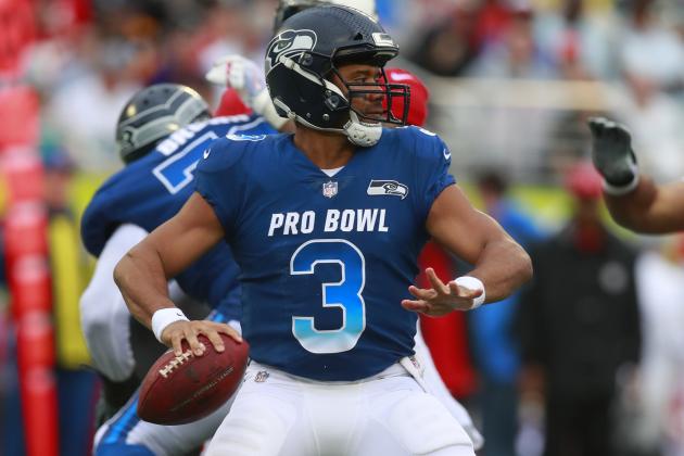 Seattle Seahawks quarterback Russell Wilson (3) looks to pass during the NFL Pro Bowl football game Sunday, Jan. 28, 2018, in Orlando, Fla. The AFC won 24-23. (Jeff Haynes/AP Images for Panini)
