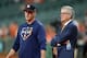 HOUSTON, TEXAS - OCTOBER 05: Manager AJ Hinch #14 talks with Jeff Luhnow, General Manager of the Houston Astros, prior to game two of the American League Division Series against the Tampa Bay Rays at Minute Maid Park on October 05, 2019 in Houston, Texas. (Photo by Bob Levey/Getty Images)