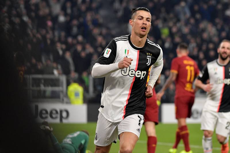 TURIN, ITALY - JANUARY 22: Cristiano Ronaldo of Juventus celebrates 2-0  during the Italian Coppa Italia  match between Juventus v AS Roma at the Allianz Stadium on January 22, 2020 in Turin Italy (Photo by Mattia Ozbot/Soccrates/Getty Images)