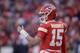 Kansas City Chiefs quarterback Patrick Mahomes (15) during the first half of the NFL AFC Championship football game Sunday, Jan. 19, 2020, in Kansas City, MO. (AP Photo/Charlie Riedel)
