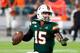 Miami quarterback Jarren Williams drops back to pass during the second half of an NCAA college football game against Louisville, Saturday, Nov. 9, 2019, in Miami Gardens, Fla. Miami defeated Louisville 52-27. (AP Photo/Wilfredo Lee)
