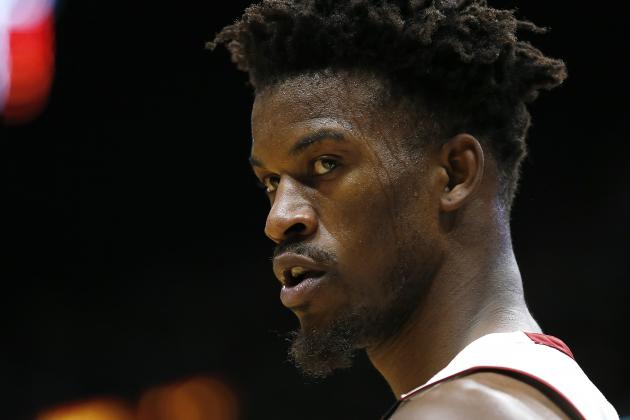 MIAMI, FLORIDA - JANUARY 22:  Jimmy Butler #22 of the Miami Heat looks on against the Washington Wizards during the second half at American Airlines Arena on January 22, 2020 in Miami, Florida. NOTE TO USER: User expressly acknowledges and agrees that, by downloading and/or using this photograph, user is consenting to the terms and conditions of the Getty Images License Agreement.  (Photo by Michael Reaves/Getty Images)