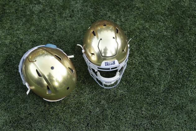 Notre Dame helmets are seen following an NCAA college football game against Pittsburgh, Saturday, Oct. 13, 2018, in South Bend, Ind. Notre Dame won 19-14. (AP Photo/Darron Cummings)