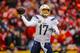 KANSAS CITY, MO - DECEMBER 29: Philip Rivers #17 of the Los Angeles Chargers looks for an open receiver during the third quarter against the Kansas City Chiefs at Arrowhead Stadium on December 29, 2019 in Kansas City, Missouri. (Photo by David Eulitt/Getty Images)