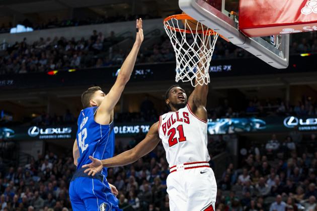 Chicago Bulls forward Thaddeus Young (21) makes a layup as Dallas Mavericks forward Maxi Kleber (42) defends during the first half of an NBA basketball game, Monday, Jan. 6, 2020, in Dallas. (AP Photo/Sam Hodde)