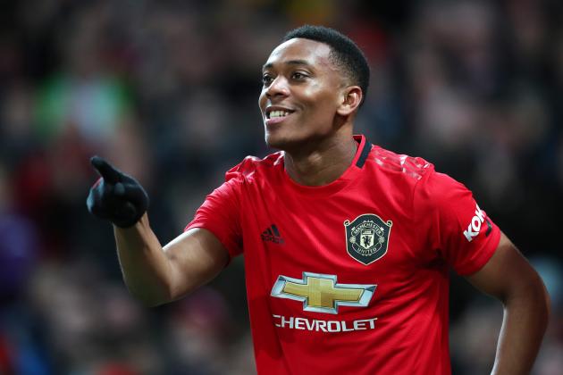 MANCHESTER, ENGLAND - JANUARY 11: Anthony Martial of Manchester United celebrates after scoring his team's third goal during the Premier League match between Manchester United and Norwich City at Old Trafford on January 11, 2020 in Manchester, United Kingdom. (Photo by Catherine Ivill/Getty Images)