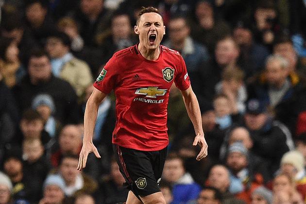 Manchester United's Serbian midfielder Nemanja Matic celebrates scoring the opening goal during the English League Cup semi-final second leg football match between Manchester City and Manchester United at the Etihad Stadium in Manchester, north west England, on January 29, 2020. (Photo by Oli SCARFF / AFP) / RESTRICTED TO EDITORIAL USE. No use with unauthorized audio, video, data, fixture lists, club/league logos or 'live' services. Online in-match use limited to 120 images. An additional 40 images may be used in extra time. No video emulation. Social media in-match use limited to 120 images. An additional 40 images may be used in extra time. No use in betting publications, games or single club/league/player publications. /  (Photo by OLI SCARFF/AFP via Getty Images)