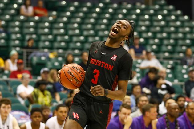 HONOLULU, HI - DECEMBER 22: DeJon Jarreau #3 of the Houston Cougars reacts after stepping out of bounds during the first half against the Portland Pilots at the Stan Sheriff Center on December 22, 2019 in Honolulu, Hawaii. (Photo by Darryl Oumi/Getty Images)