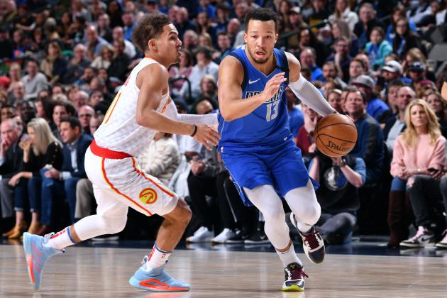 DALLAS, TX - FEBRUARY 1: Jalen Brunson #13 of the Dallas Mavericks handles the ball during the game against the Atlanta Hawks on February 1, 2020 at the American Airlines Center in Dallas, Texas. NOTE TO USER: User expressly acknowledges and agrees that, by downloading and or using this photograph, User is consenting to the terms and conditions of the Getty Images License Agreement. Mandatory Copyright Notice: Copyright 2020 NBAE (Photo by Glenn James/NBAE via Getty Images)